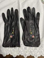 VTG Soft Black Leather Floral Embroidered Detail Small Ladies Driving Glove