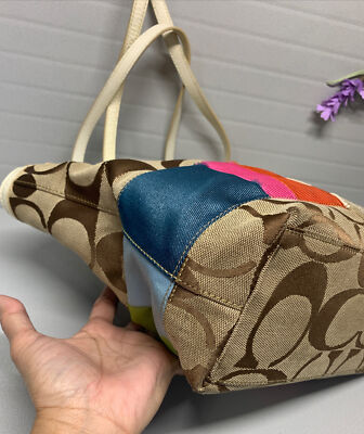 Coach Signature Multicolor Stripes Canvas Leather Trim Small Tote