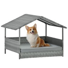 Lyromix Wicker Dog House with Canopy, 32" Outdoor Elevated Rattan Dog Bed with W