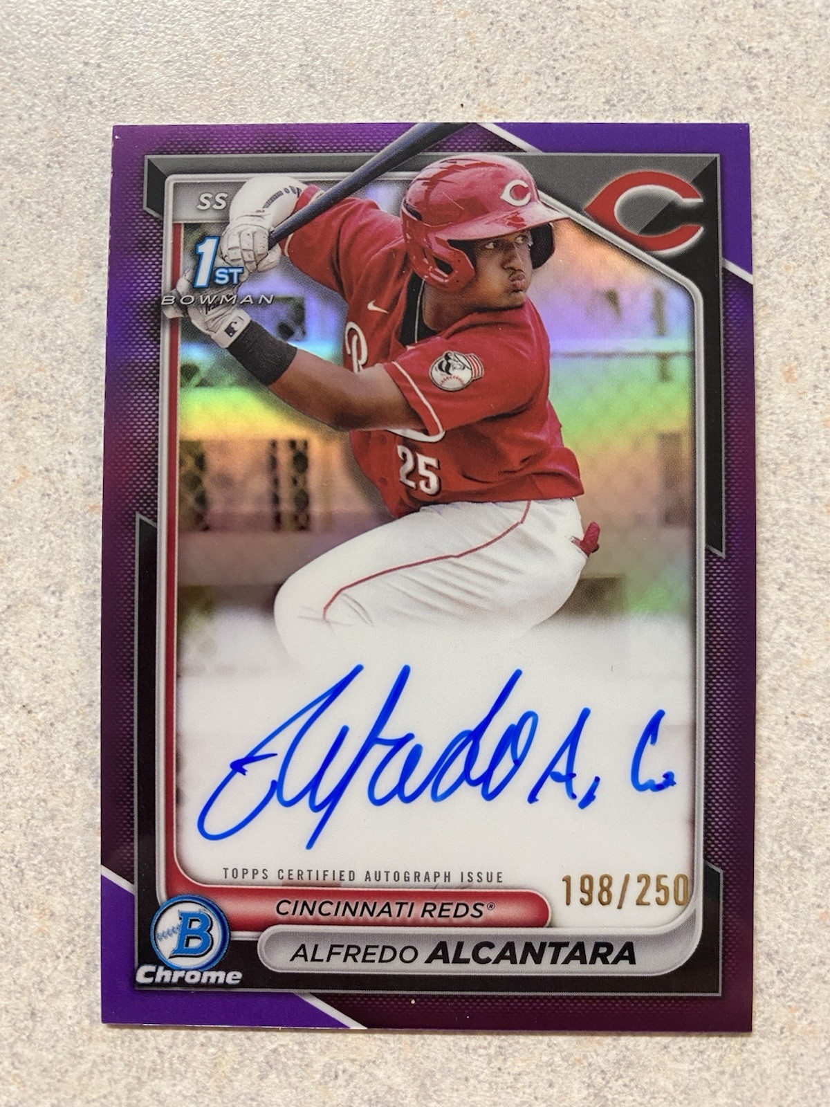 Alfredo Alcantara #/250 AUTO 1ST Purple Refractor 2024 Bowman Chrome CPA-AA Reds