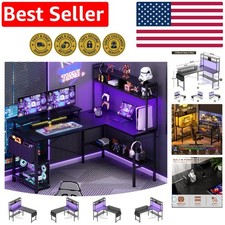 Compact L-Shaped Computer Desk with Power Outlets & Ambient LED Lights - Black