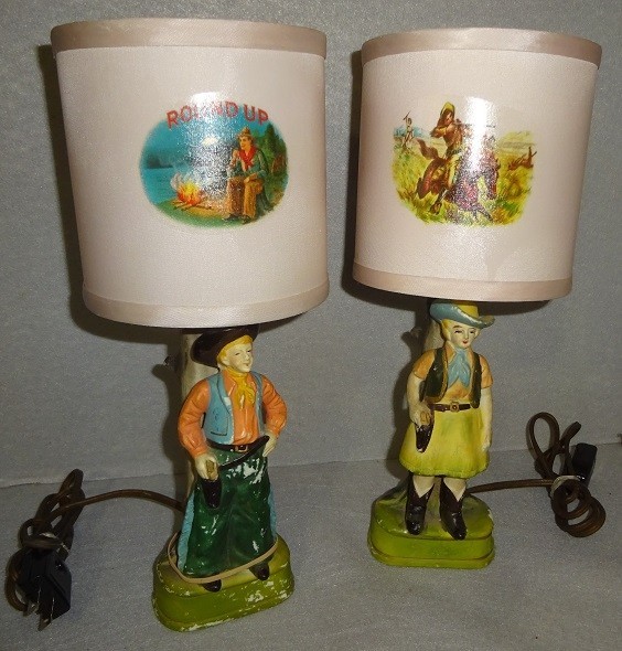 nice old pair of western theme bisque Occupied Japan cowboy & cowgirl lamps