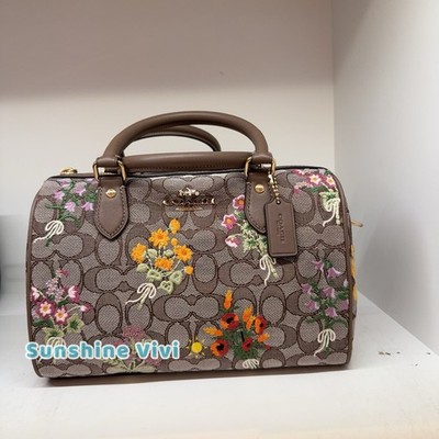 NWT Coach CDZ01 Rowan Satchel Bag Signature Jacquard Floral Embroidery Gold/Oak