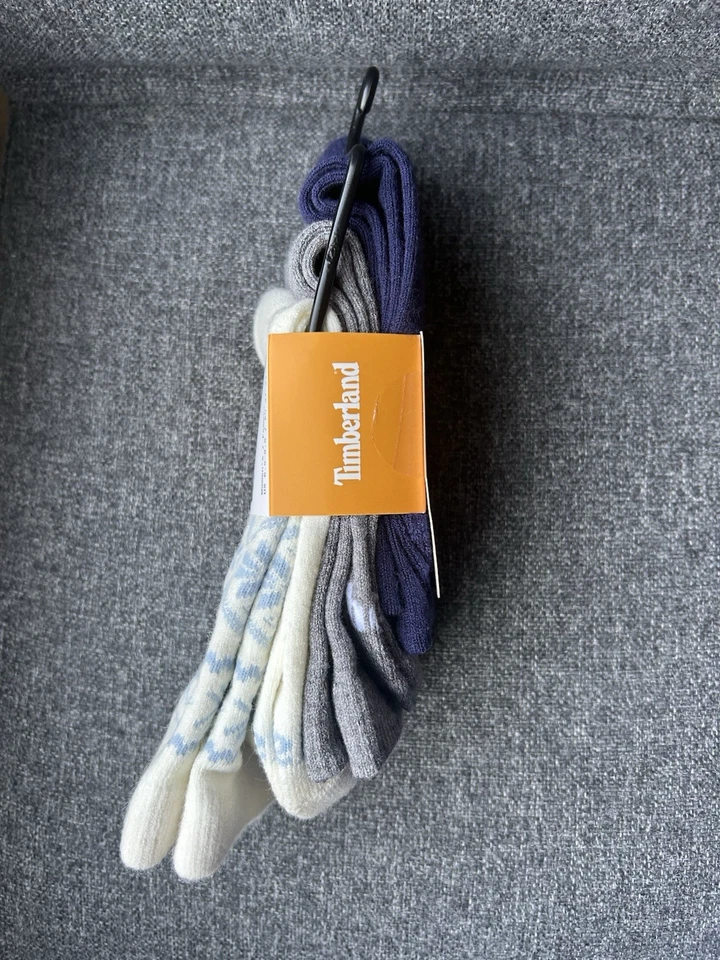 ¡Nuevo! Timberland Mujer Calcetines Bota Acolchados 3 Pares Talla 6.5-9.5 Blanco Azul Lana Foto 2 de 4