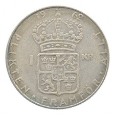 SILVER - Quarter-Sized - 1962 Sweden 1 Krona - World Silver Coin *196