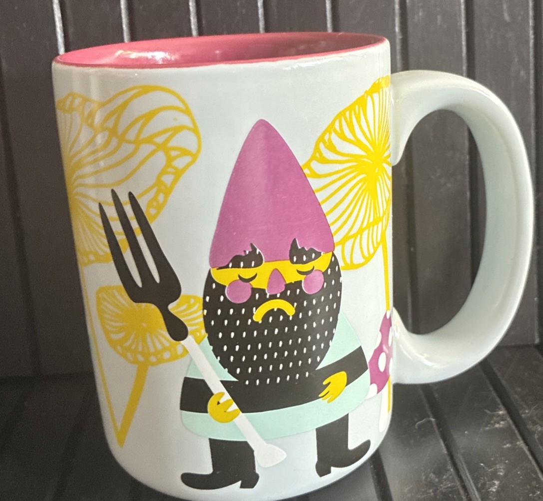 Kitsch’N Glam Farm Gnomes w/ Mushrooms Coffee Mug Light Blue Multi-Color 14 oz