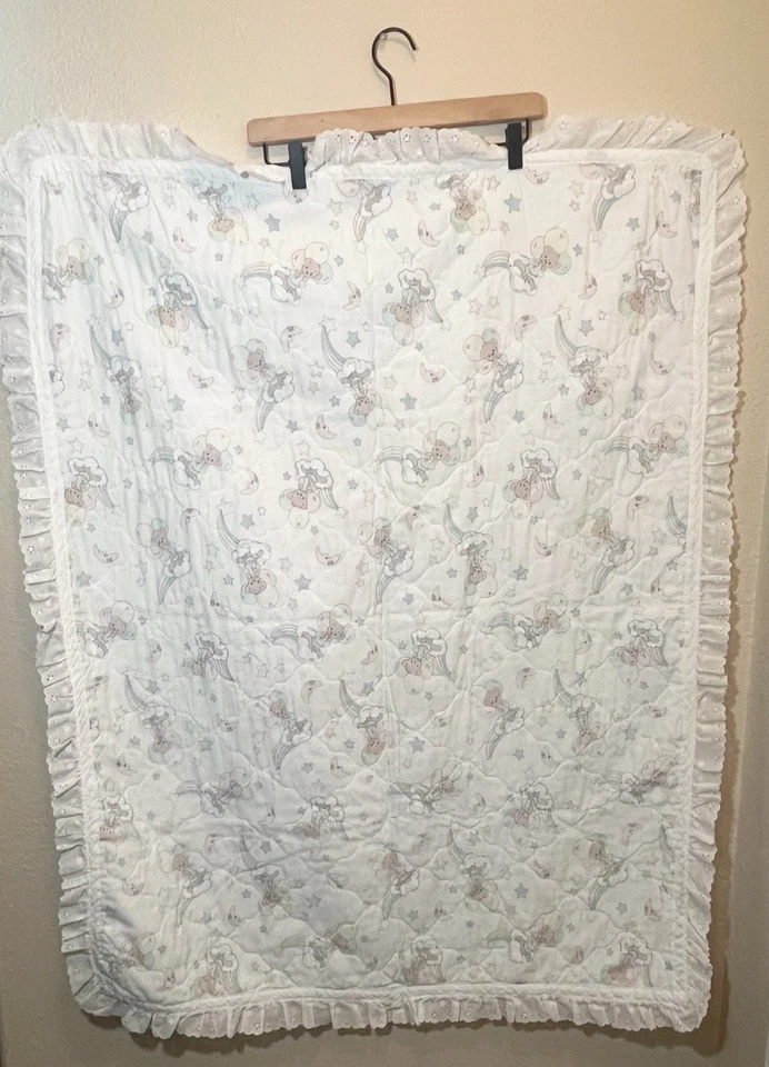Precious Moments Baby Crib Blanket Baby Bear Rainbows Clouds Balloons Stars Vtg - Image 4 of 4