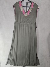 Boden Womens 10 Maxi Boho Olive Green Vneck Slits Floral Embroidery Renaissance