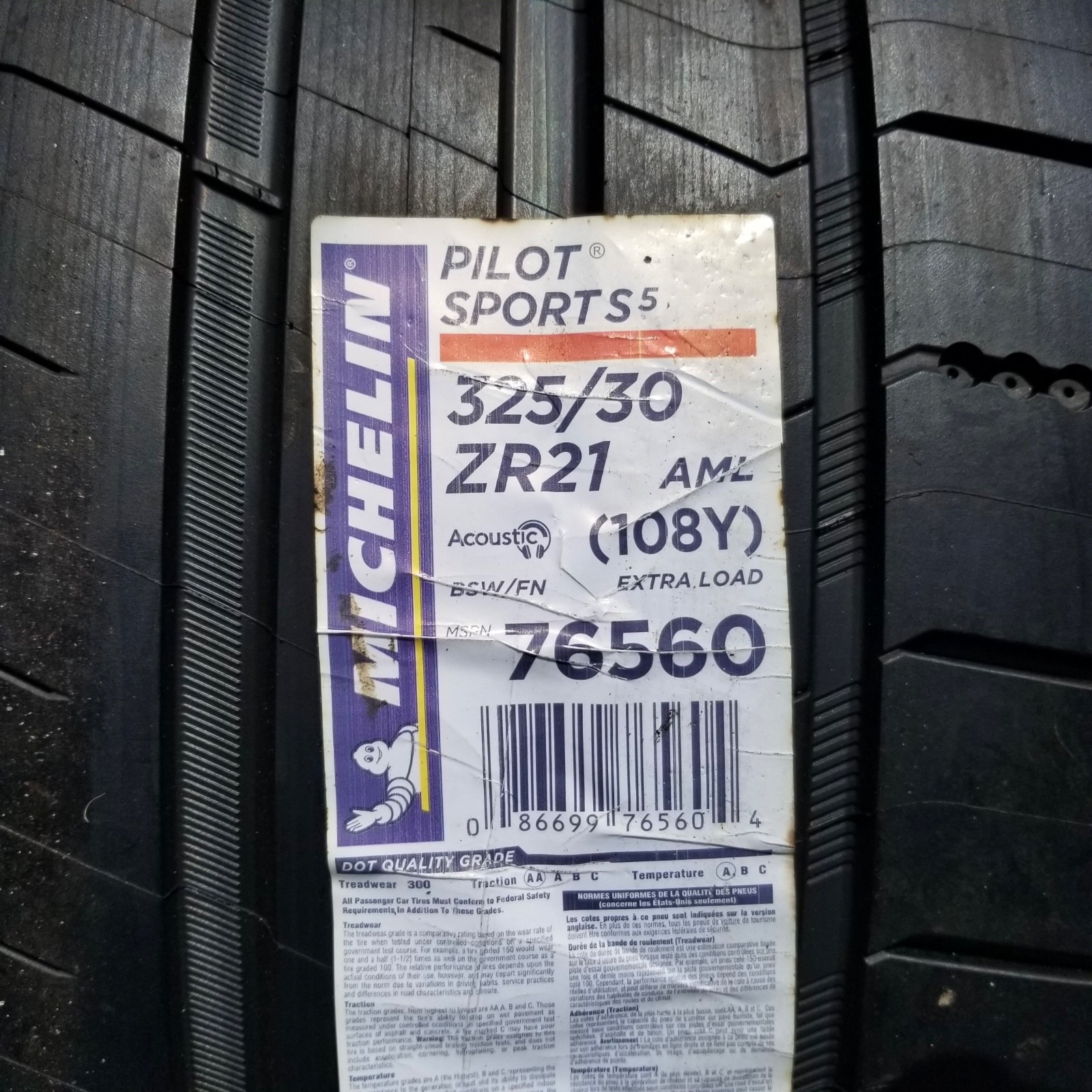 New 325/30R21 Michelin Pilot Sport S 5 Tire 325/30ZR21 AML Aston Martin 100%