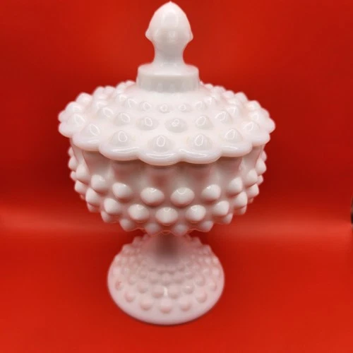 Vintage Fenton Hobnail Milk Glass Covered Candy Dish Pedestal Lidded Bowl 8.5”