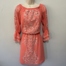 White House Black Market Dress Womens XS Coral Pink Embroidered Mini Peasant