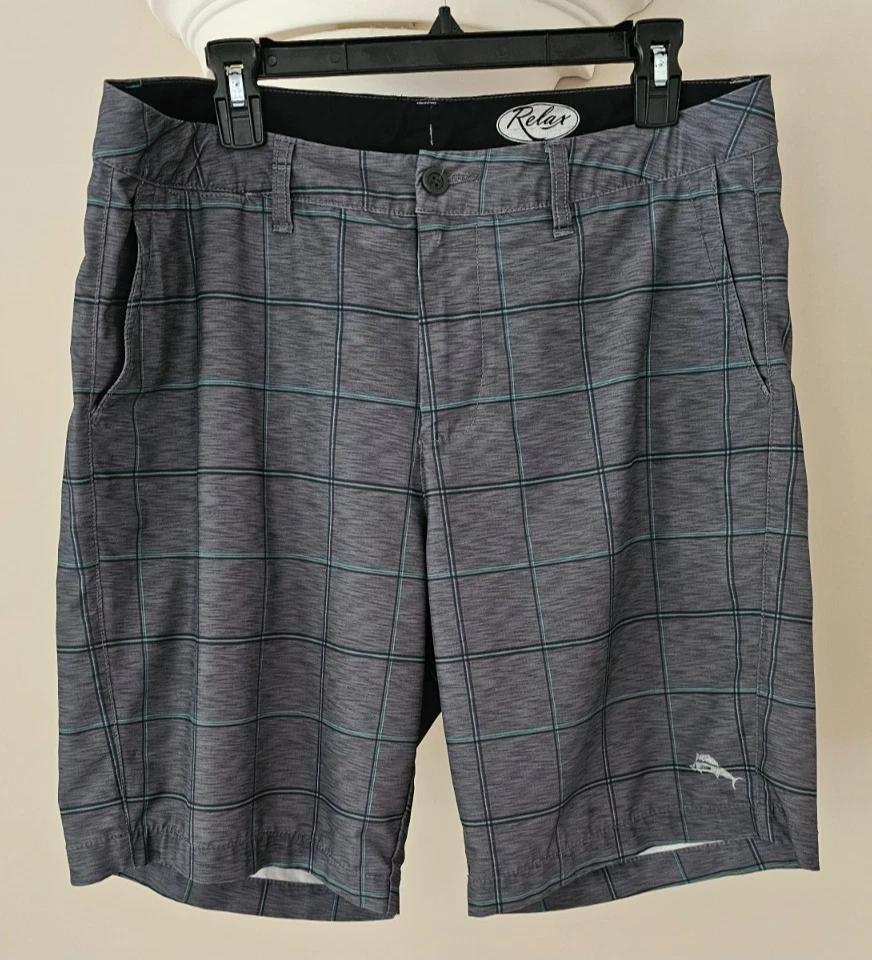 Tommy Bahama Men's Relax Box Plaid, Grey, Black, Teal Golf Shorts 34