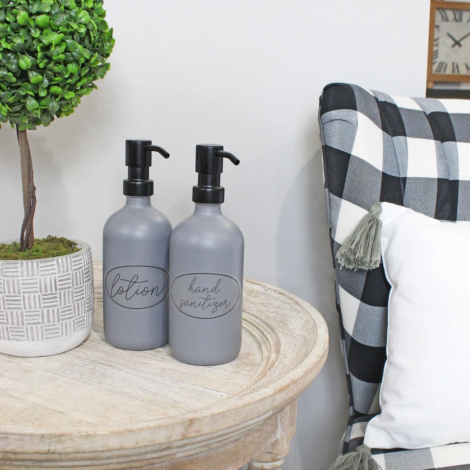 16oz Glass Pump Bottles 2pk, Gray w/ Black w/ Brushed Metal Tops- Darware Foto 3 de 4