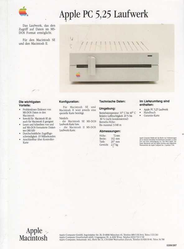 ITHistory (1987) APPLE DATASHEET: PC 5.25 LAUFWERK (Diskette)  (German) OF