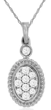 ESTATE .17CT DIAMOND 14K WHITE GOLD ROUND CLUSTER OVAL FILIGREE FLOATING PENDANT