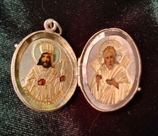  ANTIQUE 19c RUSSIAN 84 SILVER HAND PAINTED ICON OF ANDREW & FEODOSIY PENDANT