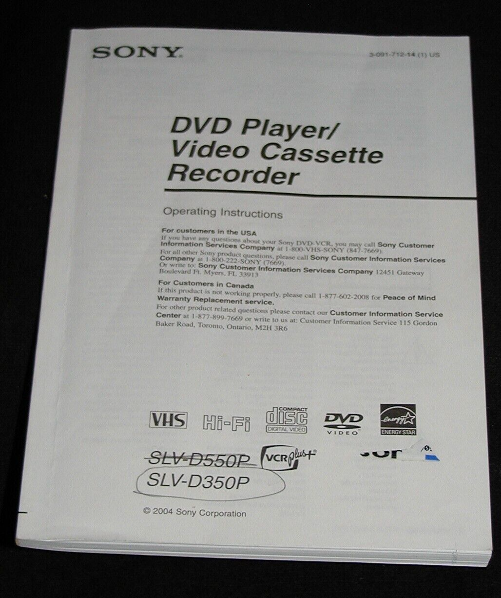 Sony DVD Player/Video Cassette Recorder Model SLVD550P & SLVD350P