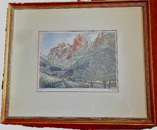 Vintage Etching on silk, "SIGNED" H. LEISCH Chalet in the Alps