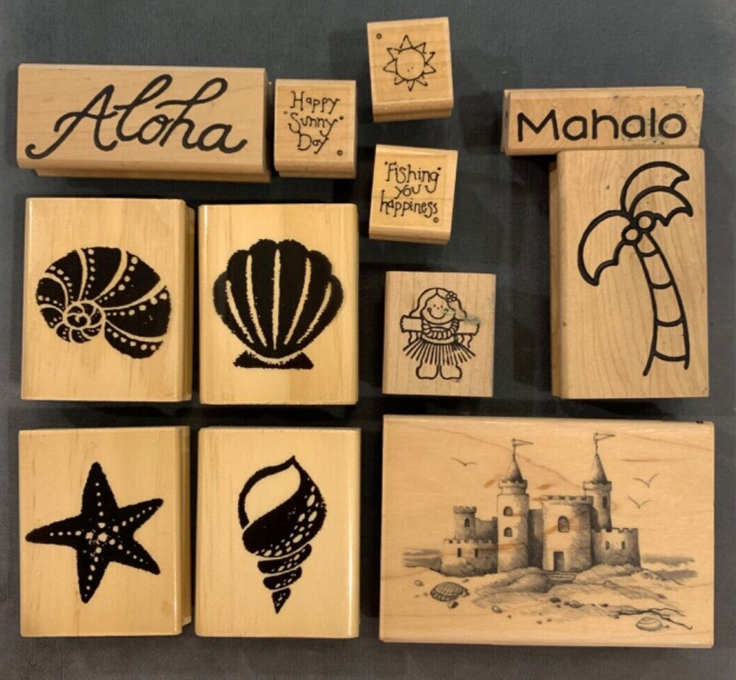 12 Rubber Stamps Wood Mounted Beach / Hawaii Themed
