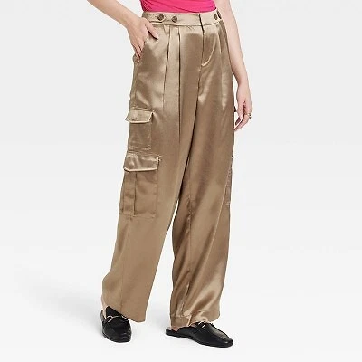 Women's High-Rise Satin Cargo Pants - A New Day Brown 2