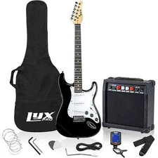 LyxPro Beginner 39” Wooden Electric Guitar & Electric Guitar Accessories, Black