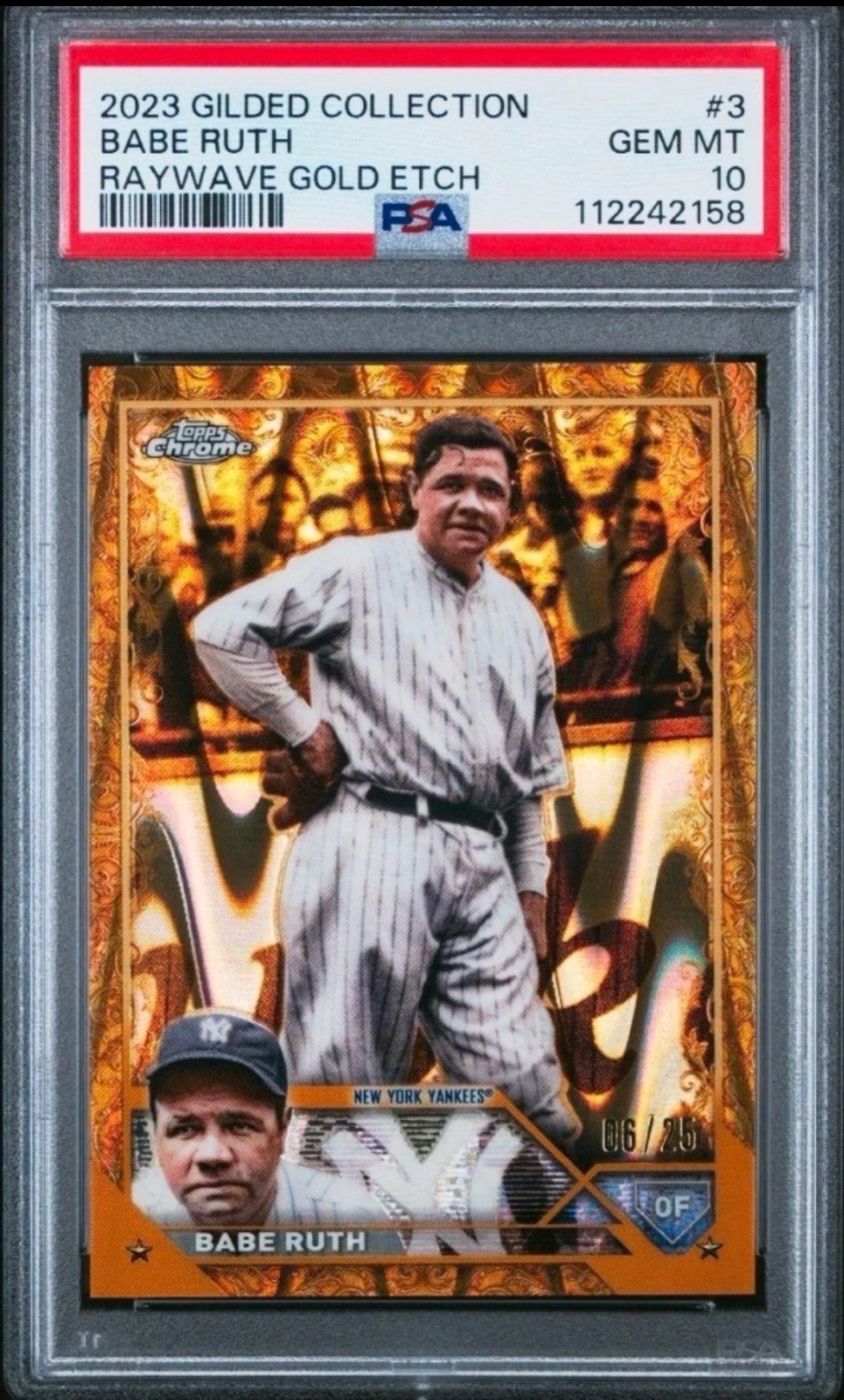 2023 Topps Gilded Collection Babe Ruth #3 Gold RayWaveRefractor /25 POP 7 PSA 10