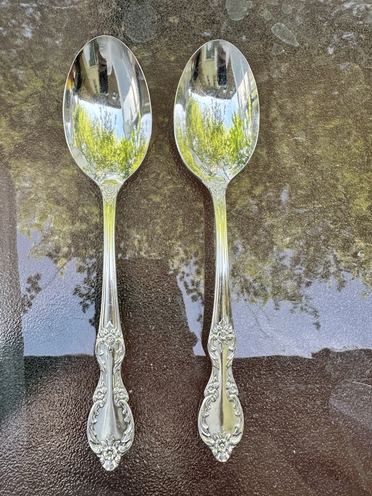 Pair Vintage Wm Rogers Extra Plate Silverplate Serving Spoons Floral Pattern 9”