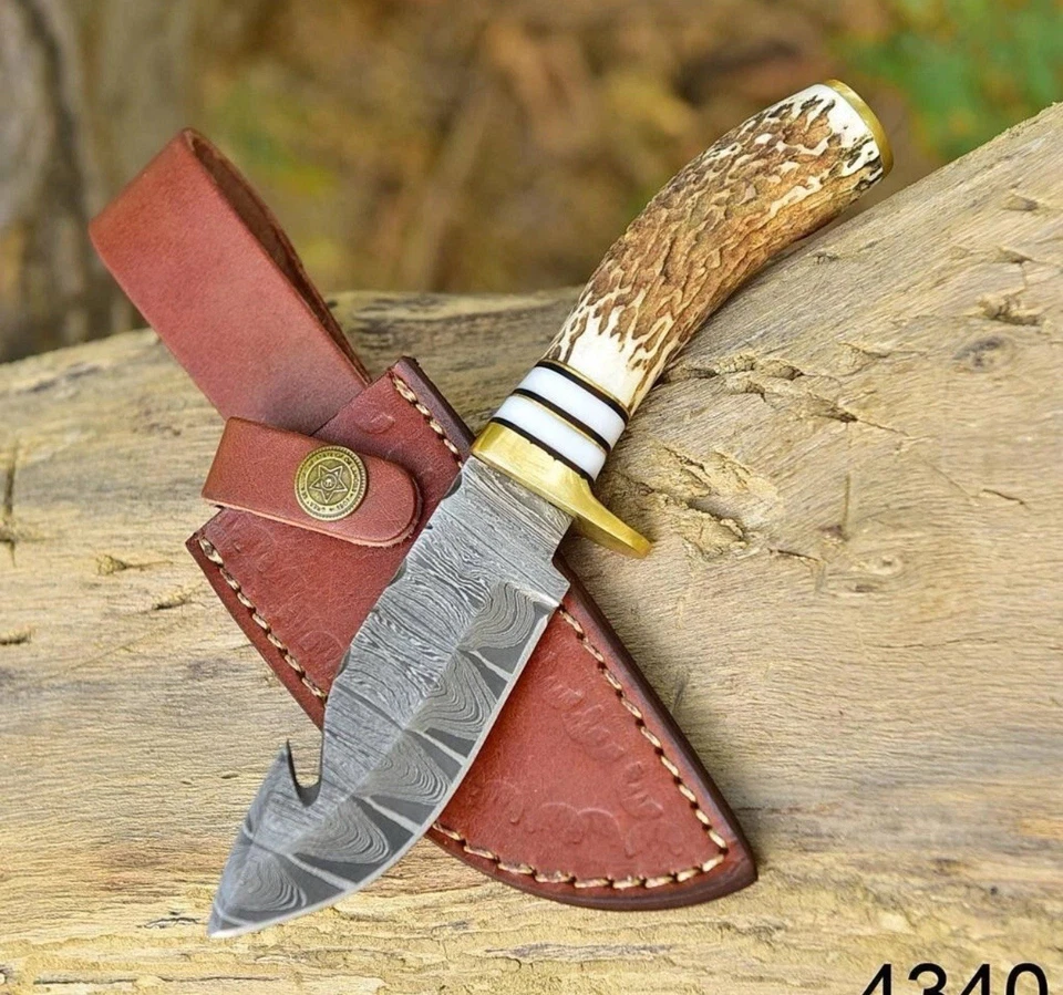 LOT OF 4 Knives DAMASCUS STEEL KNIFE STAG ANTLER HANDLE GUT HOOK - BRASS GUARD - Image 3 of 4
