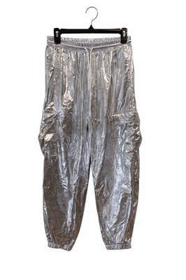 Silver Metallic Cargo Jogger Pants Womens Large Elastic Waist Streetwear 