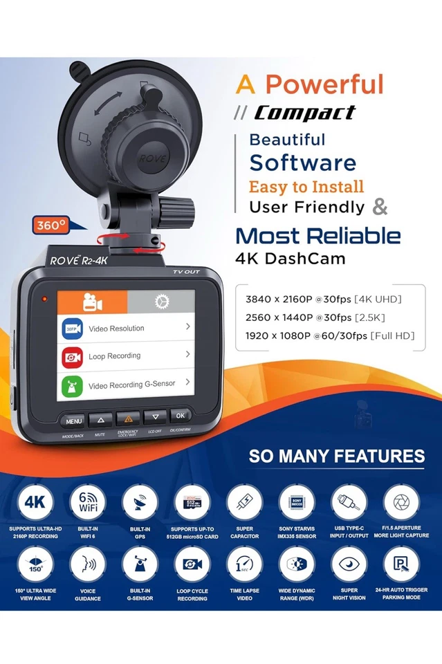 Rove R2-4K Black Night Vision Built-in WiFi 6 GPS Car Dashboard Camera - Image 2 of 4