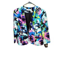 Kasper Blazer Women Size 12 Black Multi Color Peplum Open Front Slit Sleeves