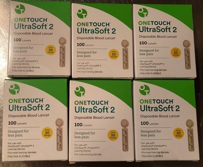 6 One Touch UltraSoft 2 Lancets Fine 30 Gauge 100 Per Box (600 Total) Exp 2028