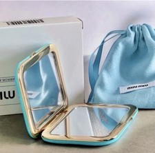 MIU MIU Teal Tiffany Blue and Gold Compact Mirror with Pouch Aqua