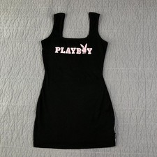 Playboy X Missguided Dress Women Large Black Ribbed Bodycon Tank Mini Pink Logo