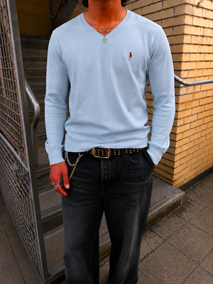 Polo Ralph Lauren Herren Pullover L hellblau V-Ausschnitt Logo