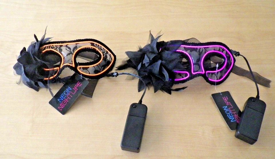 Venetian Eye Masks Masquerade Halloween Set 2 Neon Night Life Glowing Light Up - Image 2 of 4