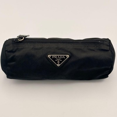 PRADA Tessuto Nylon Cylinder Pouch Black Triangle Logo Plate Silver Hardware