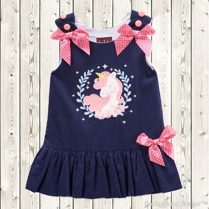 NEW Lil Cactus Unicorn Girls Blue Corduroy Bow-Accent Ruffle Dress 3T