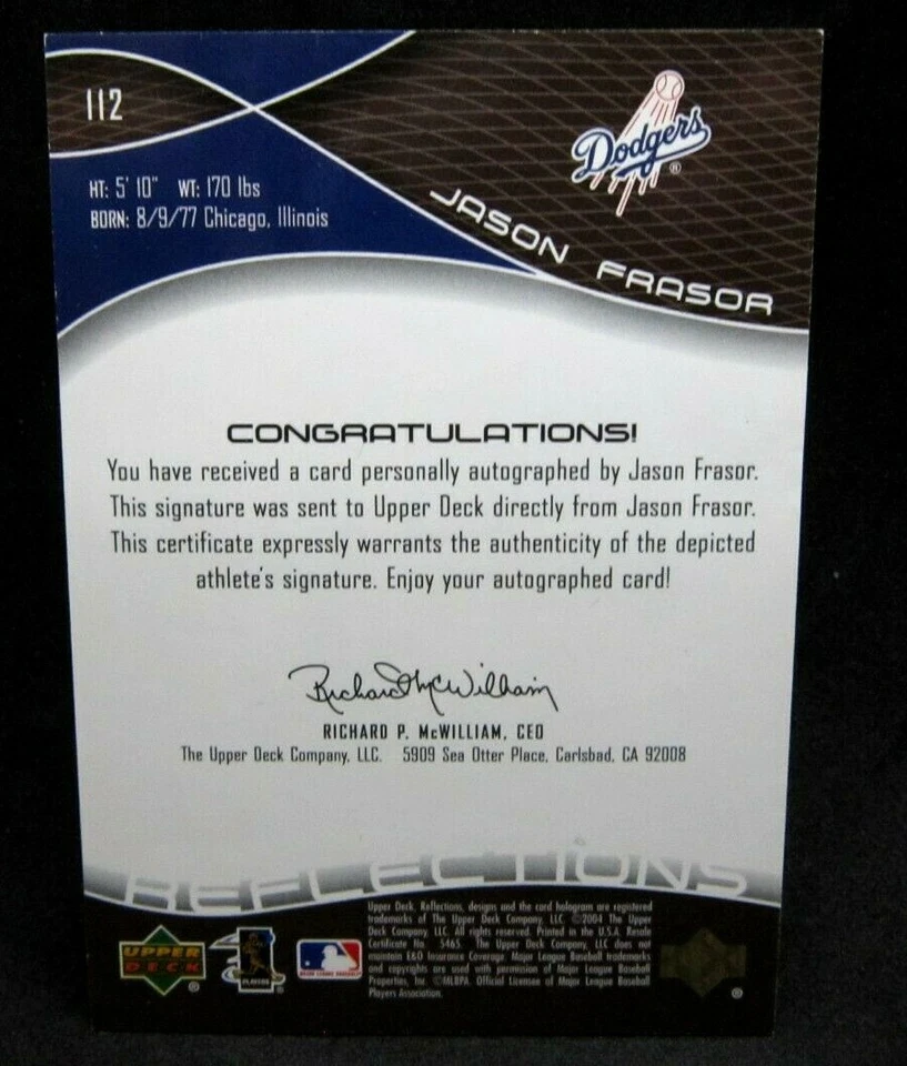 Jason Frasor RC 2004 Upper Deck Reflectors ROOKIE Auto Card#2/5!Dodgers P RC - Imagem 2 de 2