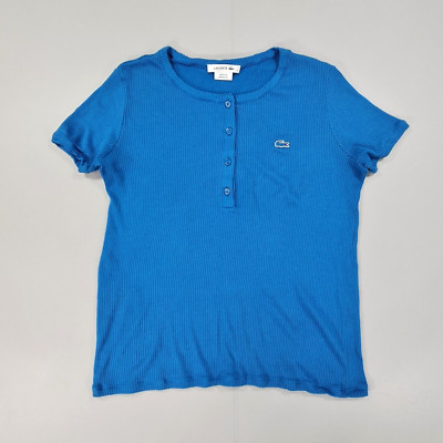 Lacoste Damen T-Shirt Blau 12 UK Rippstrick Kurzarm Baumwolle Henley Oberteil 40