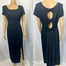VTG 90s Jeffrey & Dara Black Maxi Dress Open Back Bow Slit Petite 6 Formal