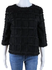 H&M Blouse Square Window Pane Eyelash Fringe Top SIZE 6 Black, Career