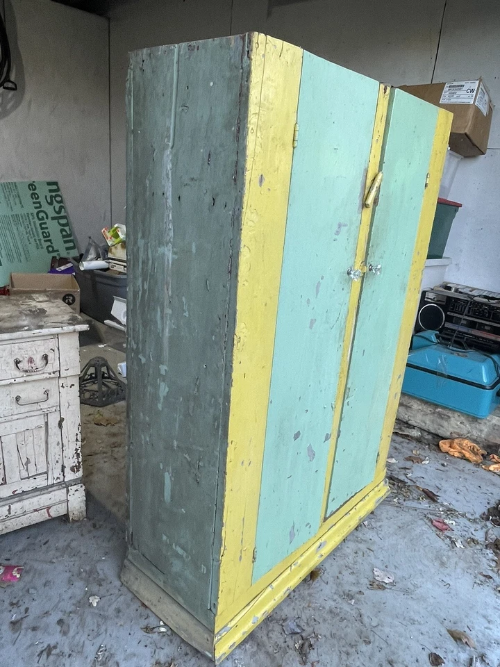 "Antiguo armario de gelatina de 1800 para granja pintura amarilla azulada primitiva 54""" Foto 2 de 4