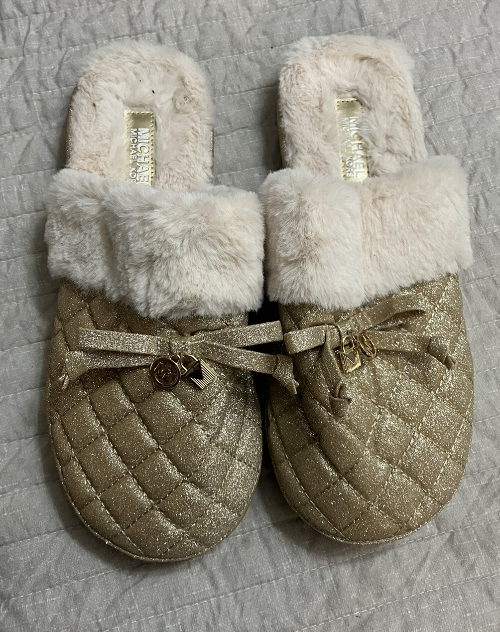 PANTOFOLA D’ORO sandali michael kors mk carter oro glitter pelliccia sintetica taglia 9