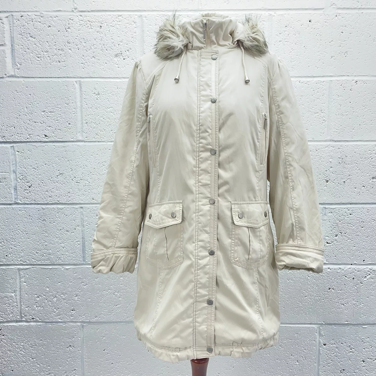 PER UNA M S CREAM PADDED COAT FAUX FUR HOOD ZIP UP THICK RETRO