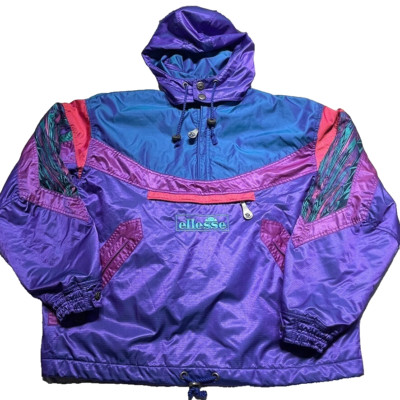 Vintage ellesse Jacket Mens XL Multicolor Ski Colorblock Anorak Removable Hood