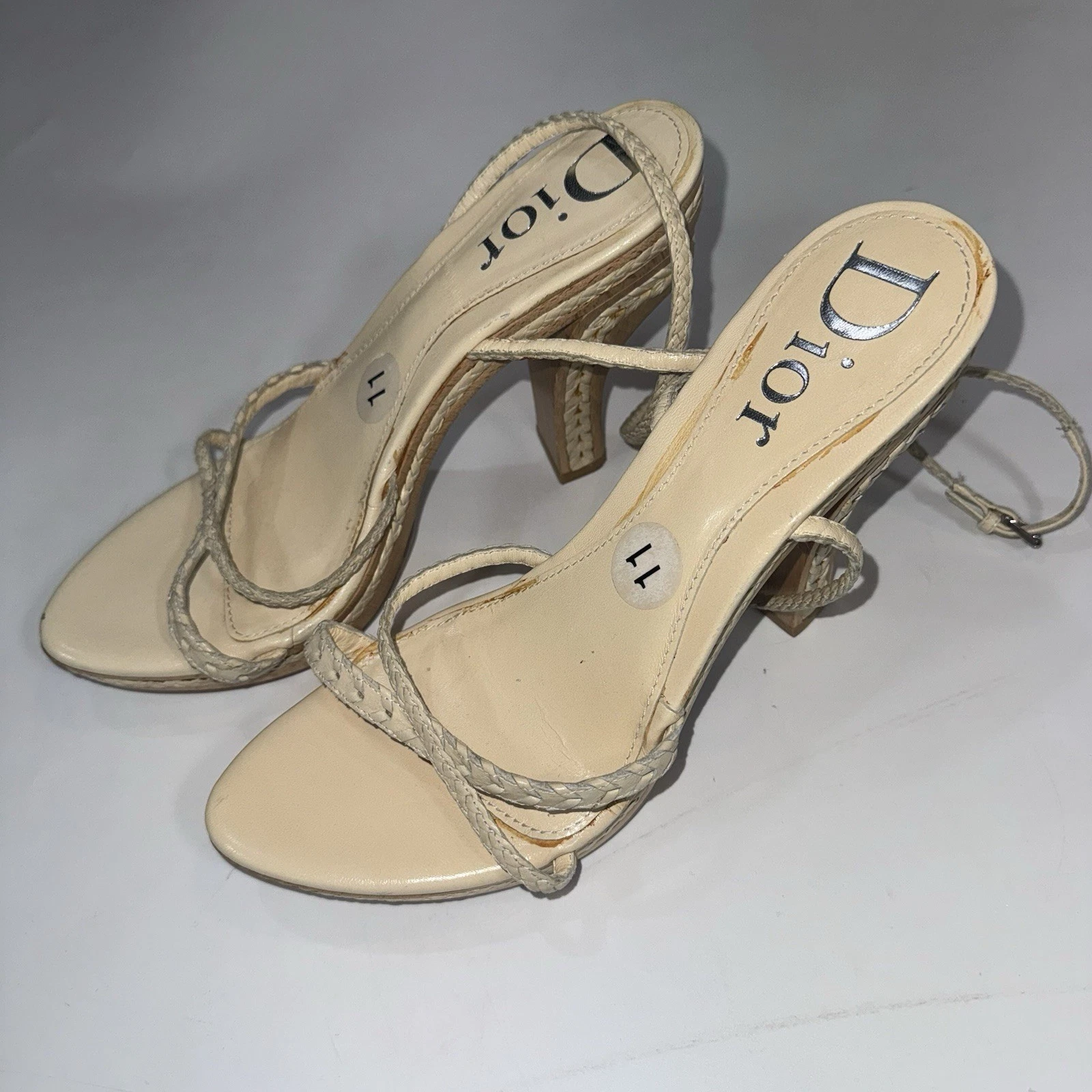 Sandales tressées Dior en cuir marron à la cheville plateforme bois femme pointure 11/ os
