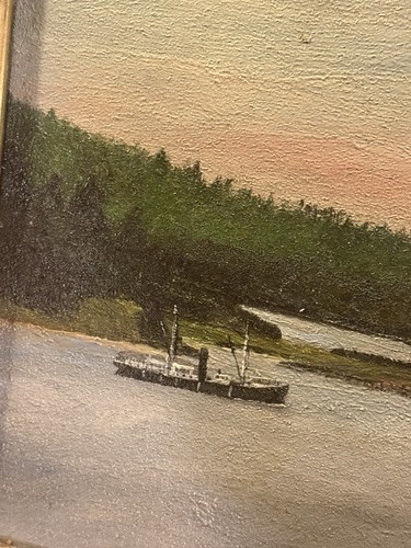 Antique Folk Art Nautical Oil on Canvas Seascape Painting w/ Lemon Gold Frame - Picture 9 of 14