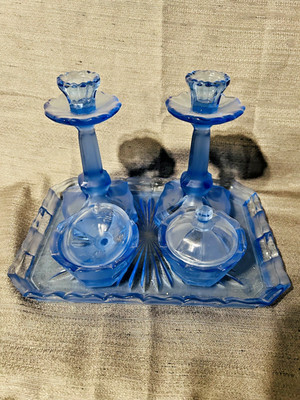 Art DecoPressed  Blue Glass Dressing Table Set