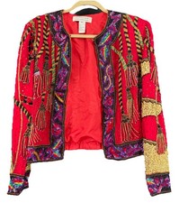 Womens Vintage 90s Niteline Della Roufogali Sz M Silk Beaded Jacket Mardi Gras